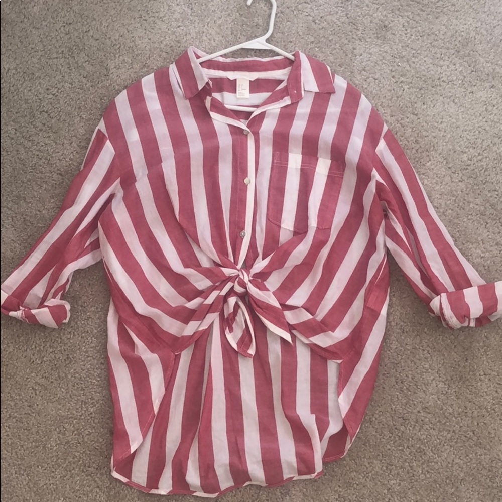 High low stripe button up with tie